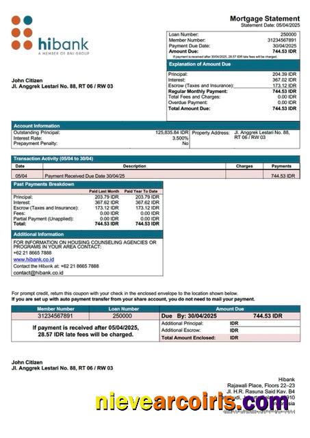 Indonesia Hibank mortgage statement Word and PDF template